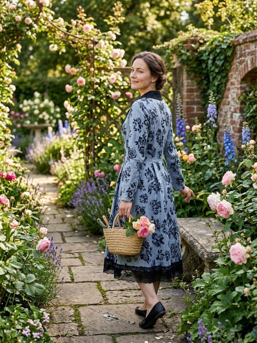Blue Floral Lace-Trim cardigan with front buttons